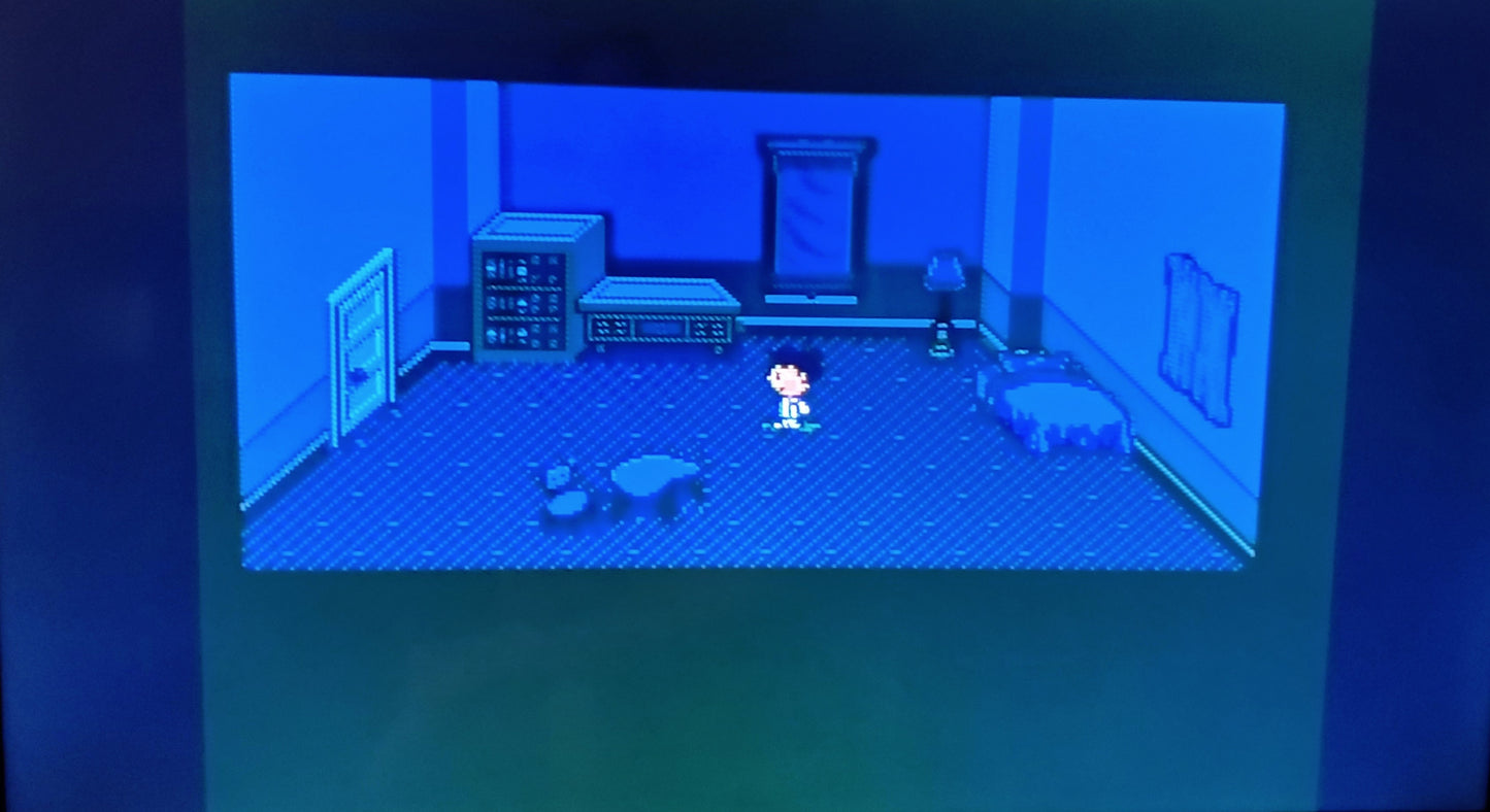 Video game screen showing a character in a room with blue walls and furniture.