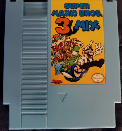 Super Mario Bros 3 Mix game cartridge on a brown surface