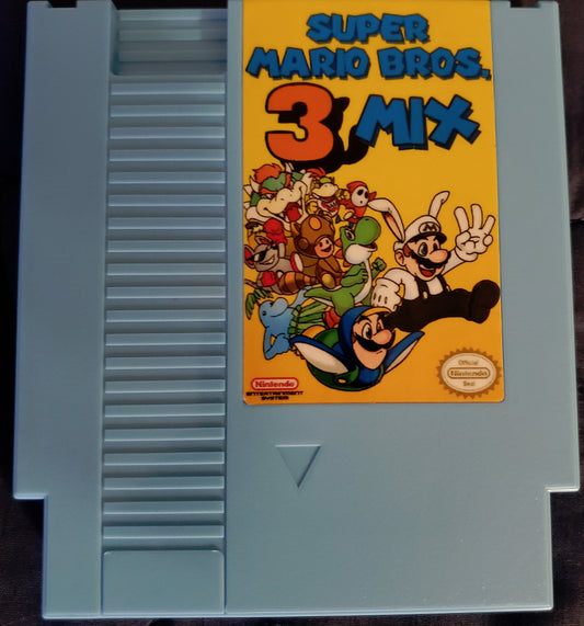 Super Mario Bros 3 Mix game cartridge on a brown surface